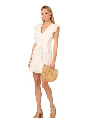 Adrianna Papell White Eyelet V-Neck Tie-Waist Mini Dress